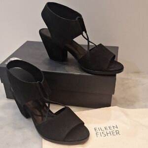 New Eileen Fisher Nubuck Sandal Black Women's Heels Chunky Dressy Leather Sz 8.5